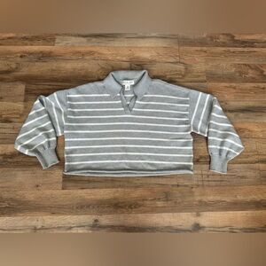 Rachel Zoe Gray and White Cropped Striped V-Neck Sweater